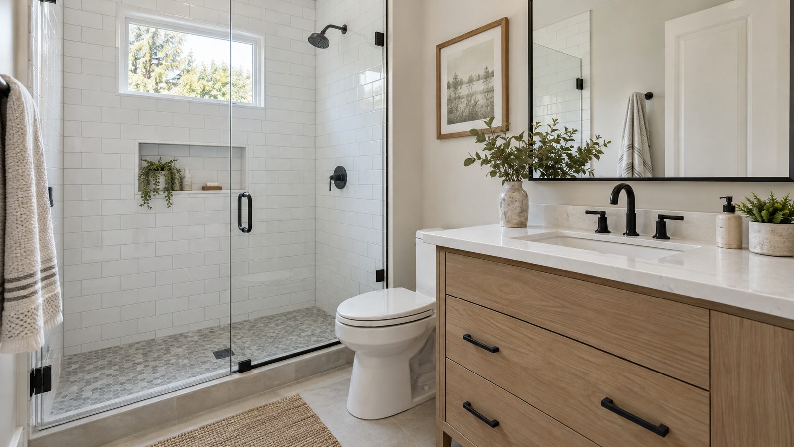 A remodeled bathroom with a glass walk-in shower