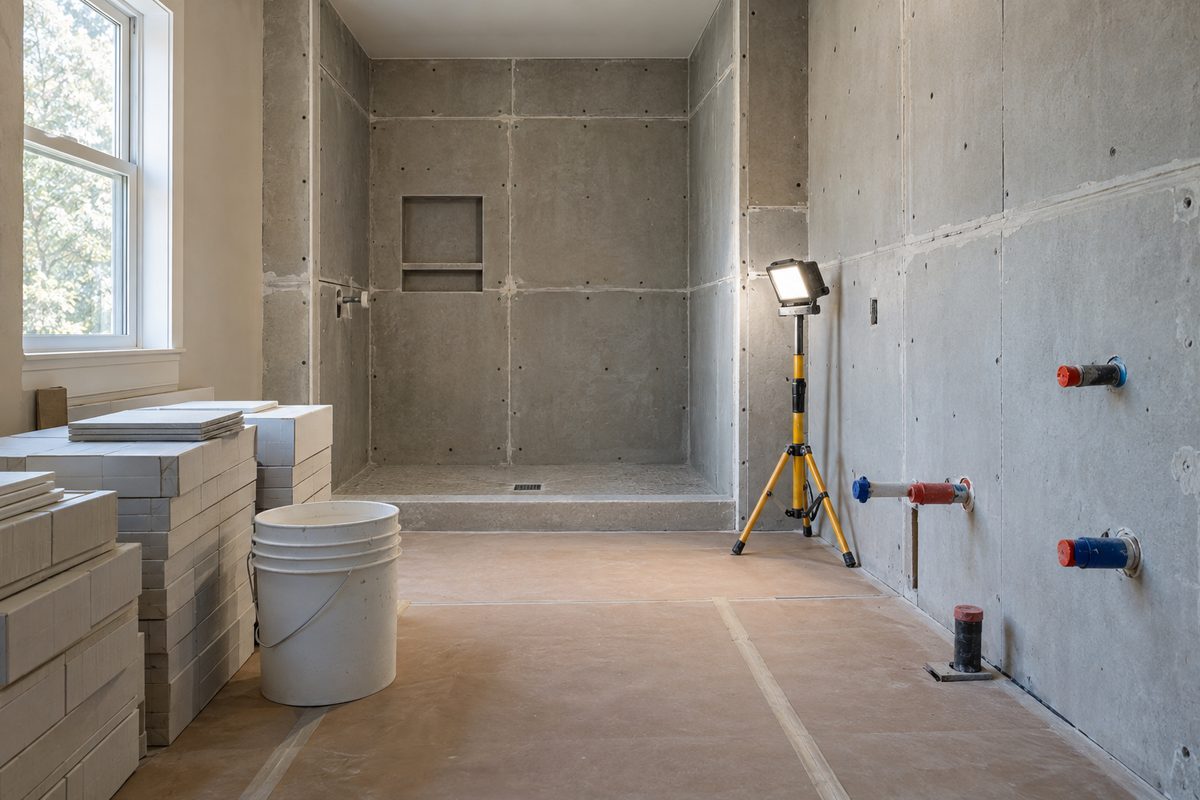 A bathroom mid-renovation with bare backer board walls, capped pipes and boxed tile