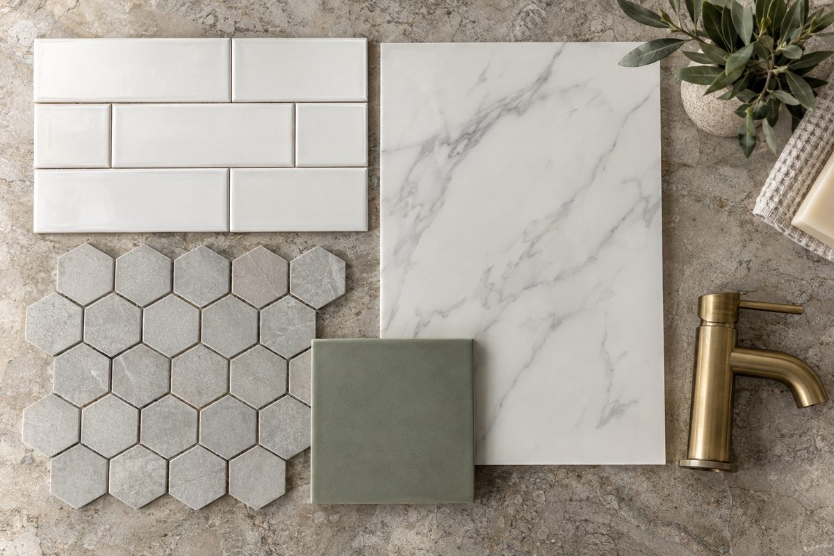 Tile samples on a stone counter: white subway, grey hexagon mosaic, marble-look porcelain and green tile, with a brass faucet