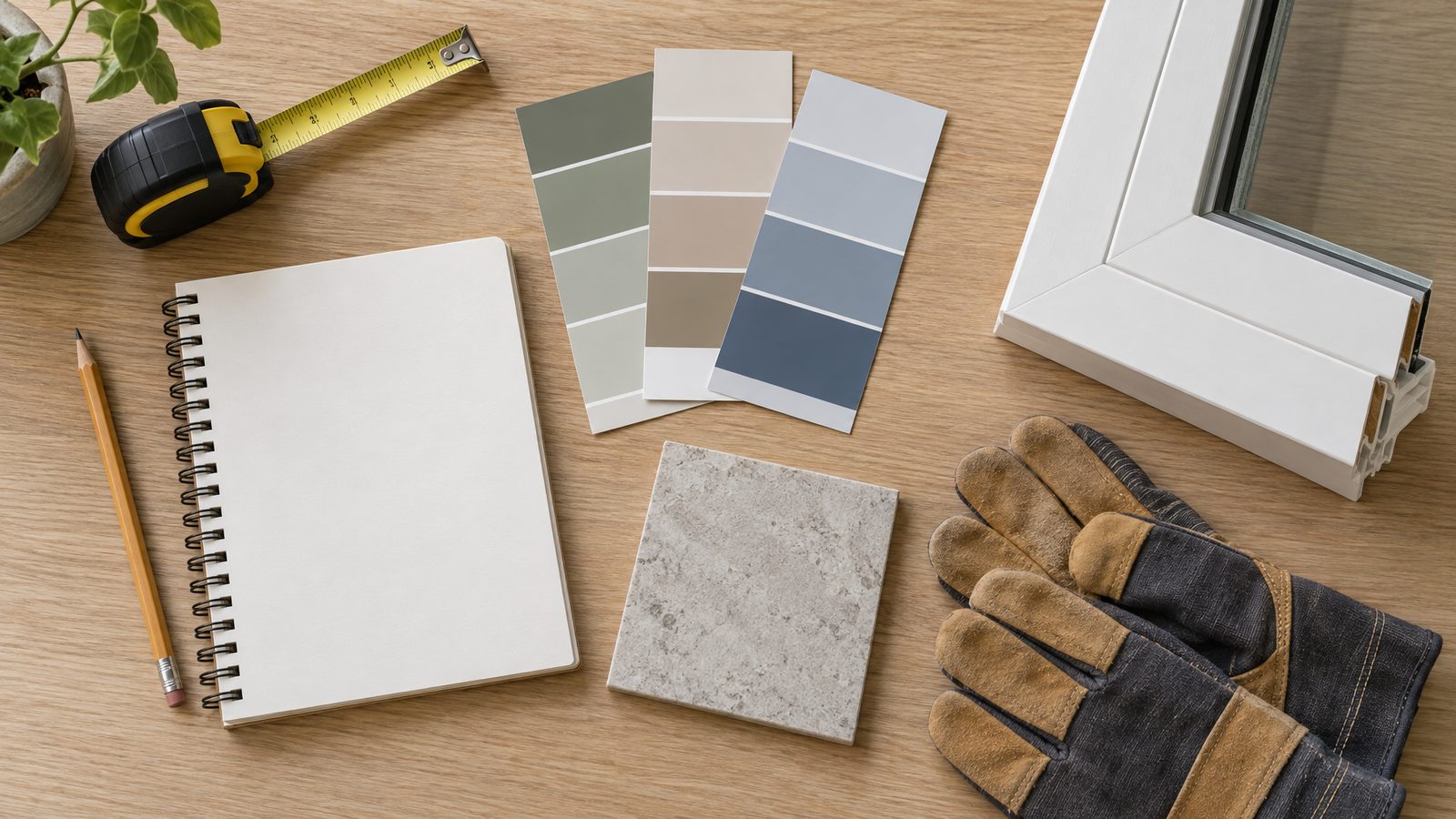 Home improvement tools and samples on a wooden table