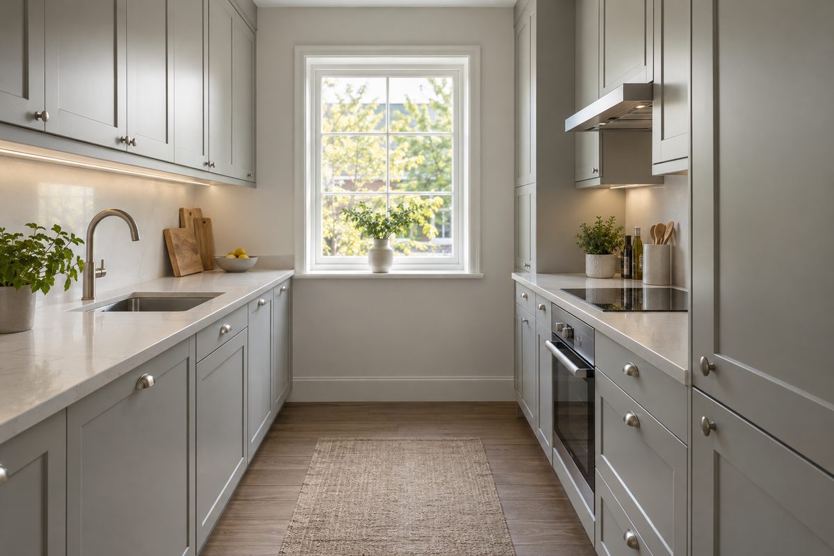 A compact galley kitchen with grey cabinets on two facing walls and a window at the end