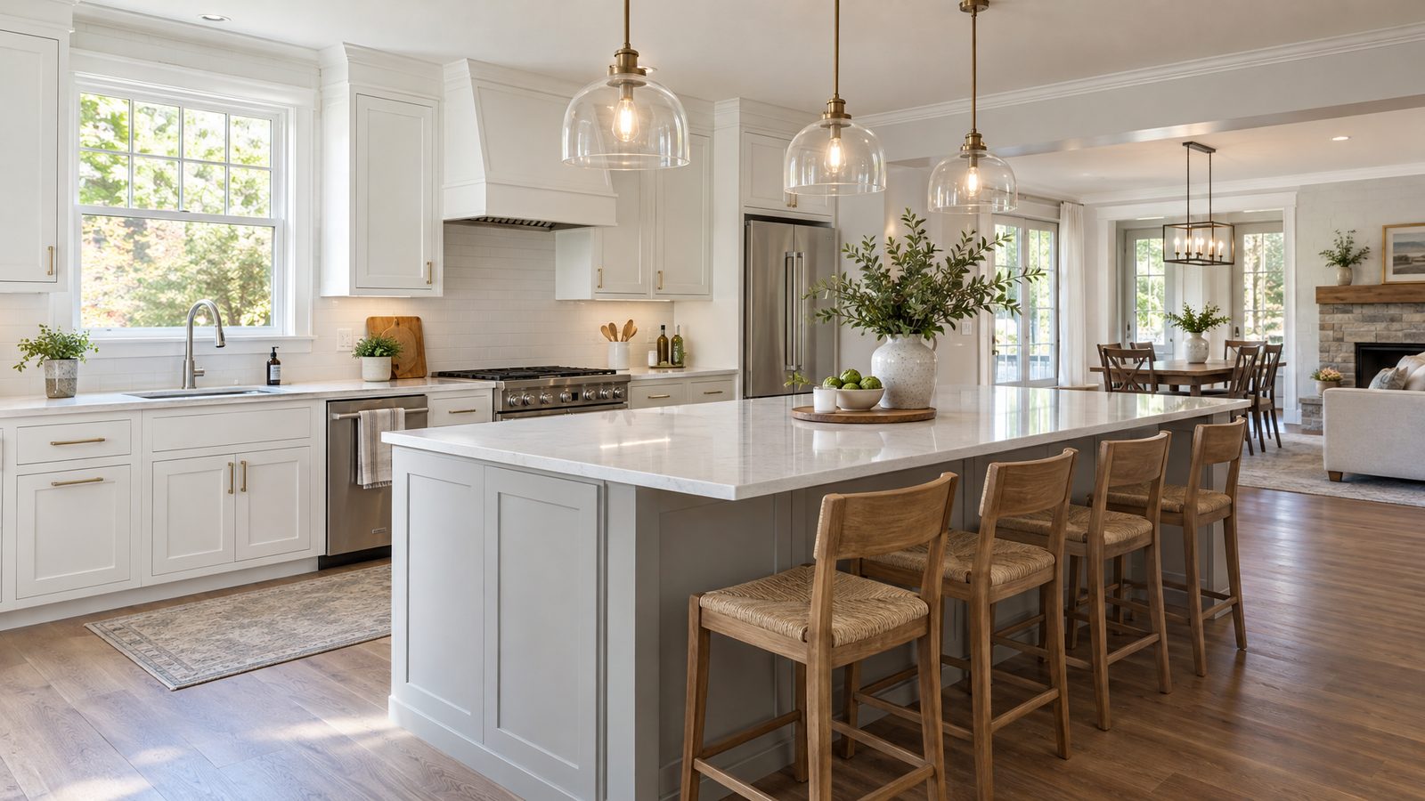 An open-plan kitchen with a large island