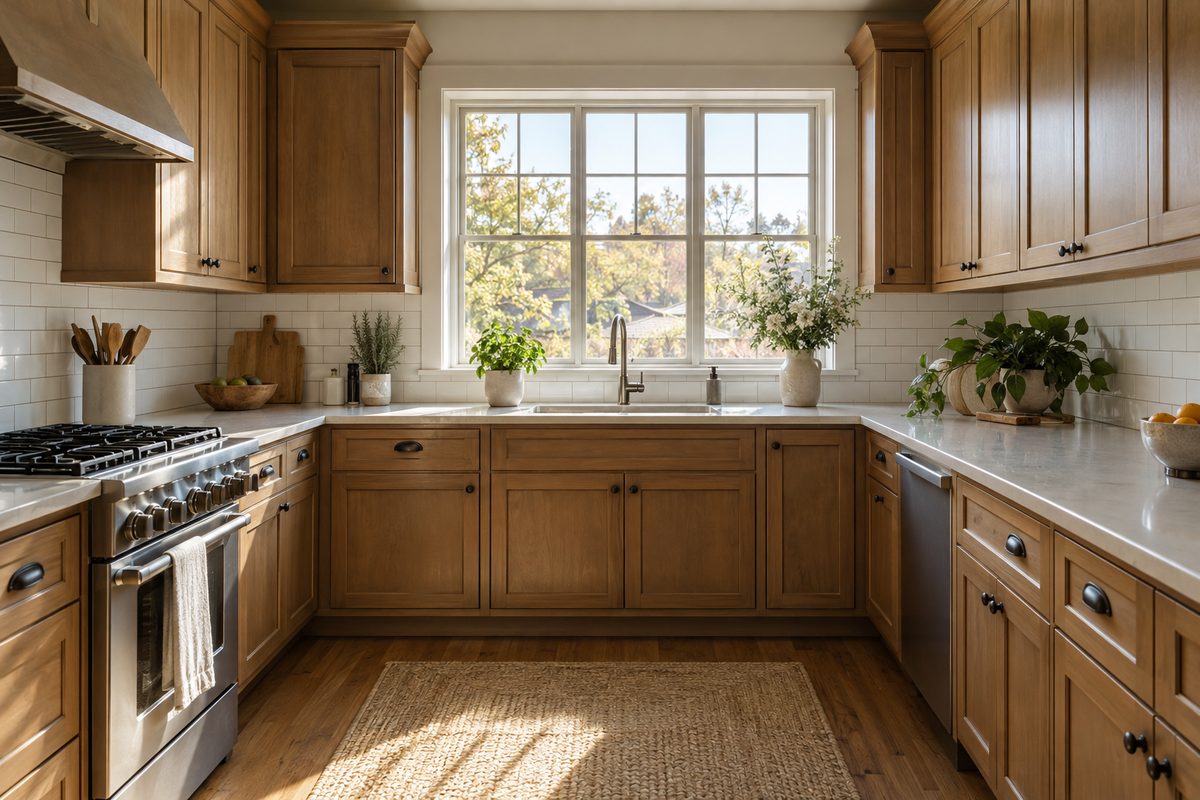 A U-shaped kitchen with warm wood cabinets on three walls and a window over the sink