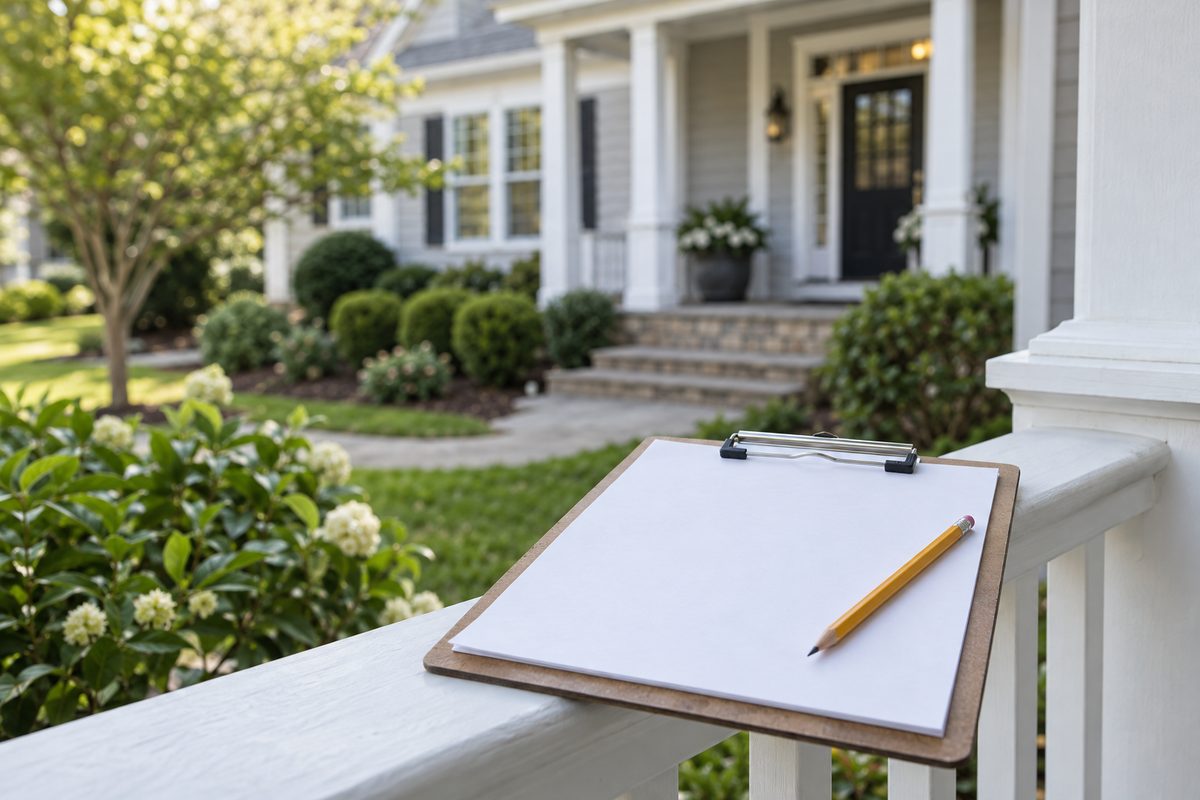 A clipboard with a blank notepad and a pencil on a porch railing
