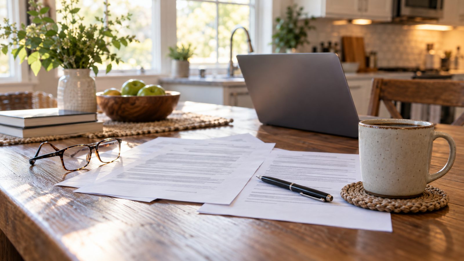Printed quotes and a pen on a kitchen table