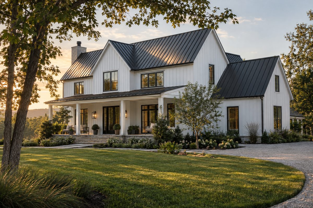 A white farmhouse with a dark standing-seam metal roof
