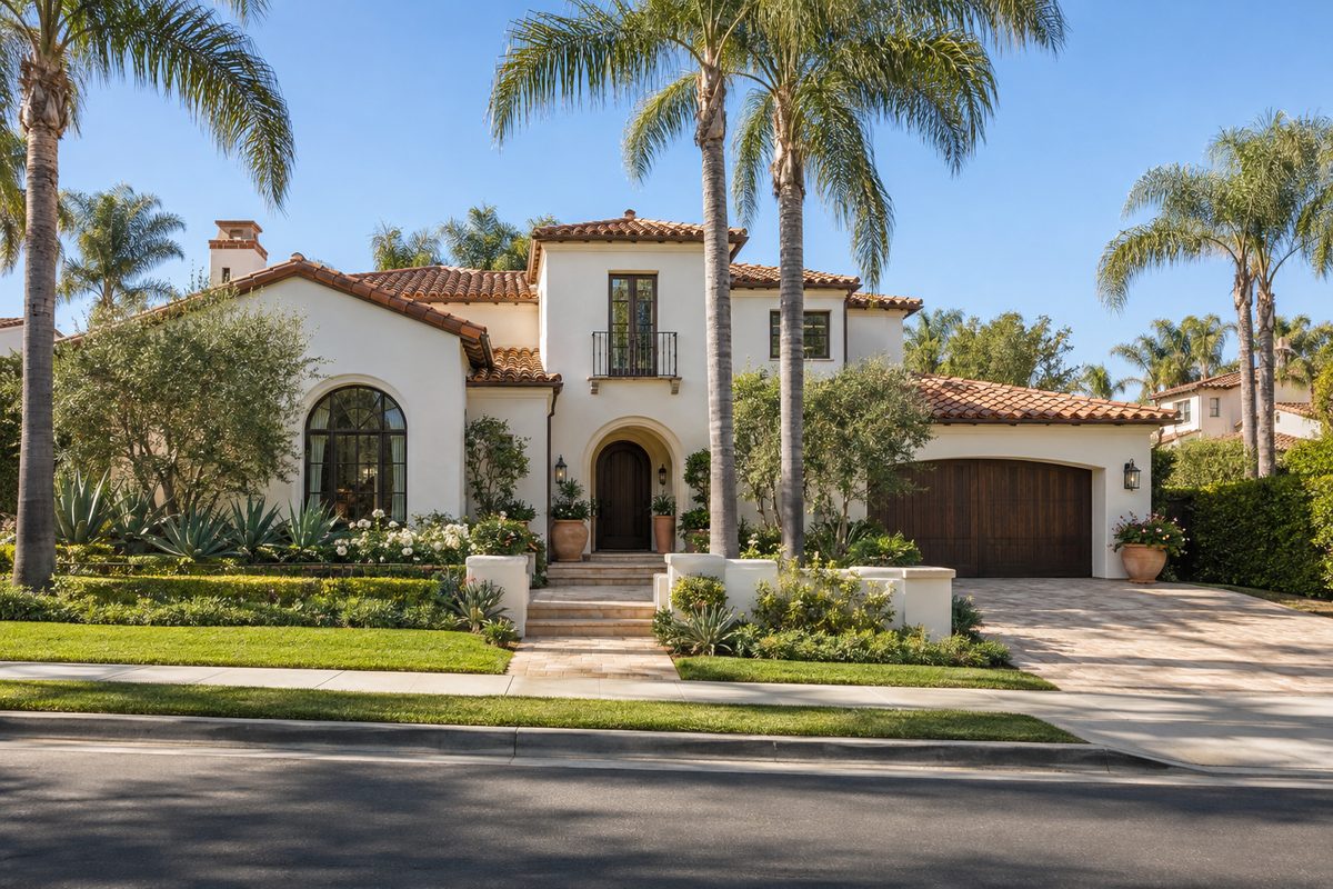 A Spanish-style stucco home with a terracotta clay tile roof and palm trees