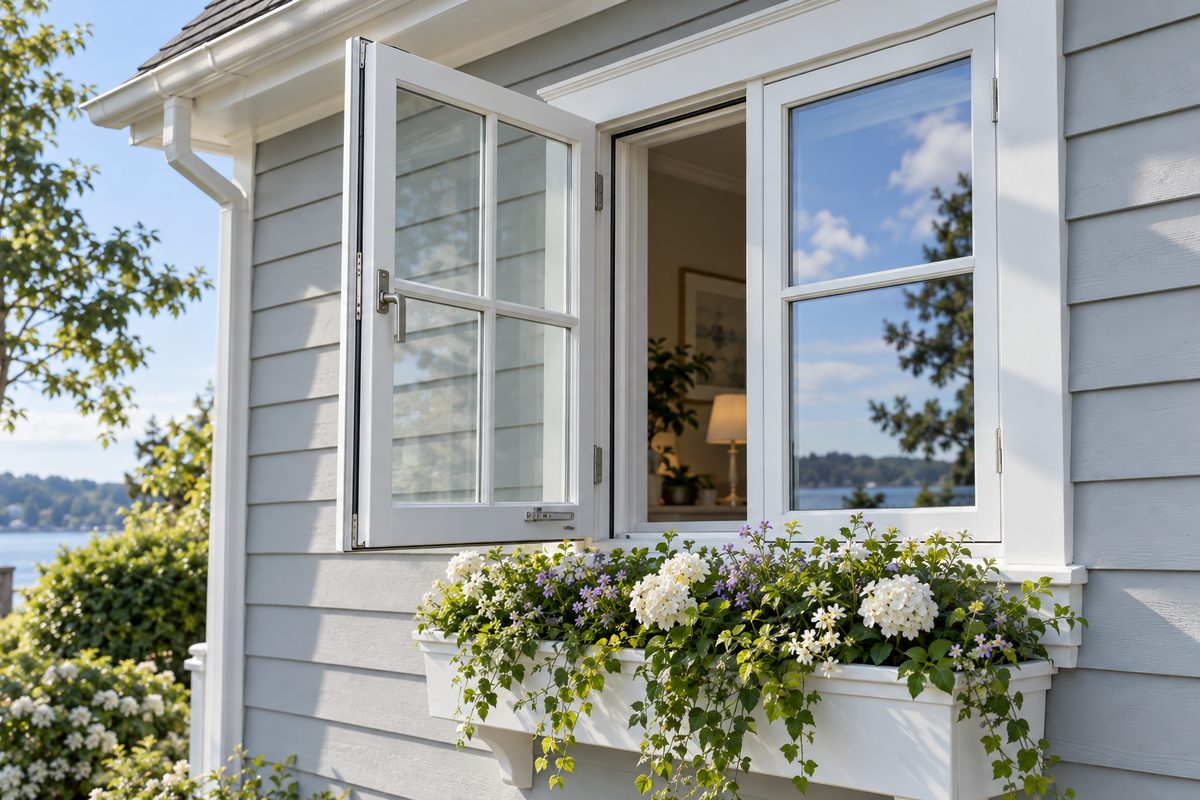 An open casement window on a grey clapboard house with a flower box below