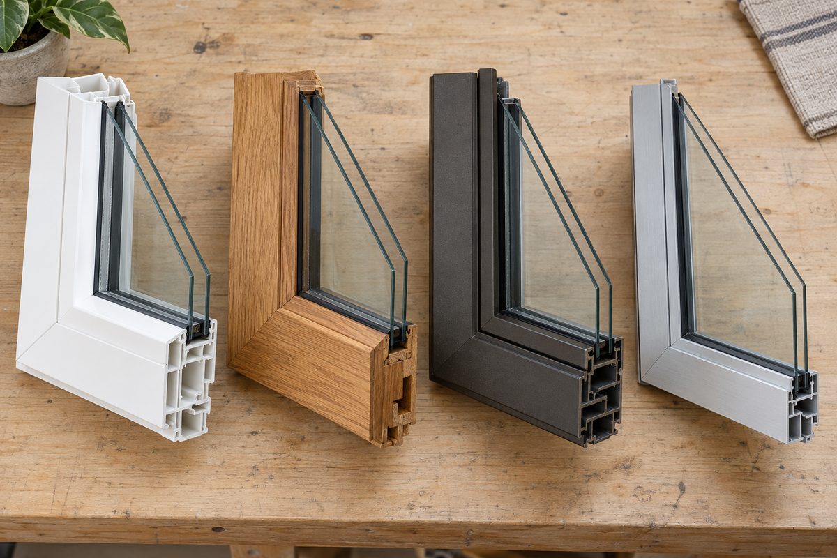 Four window frame corner samples: white vinyl, wood, dark fiberglass and aluminum