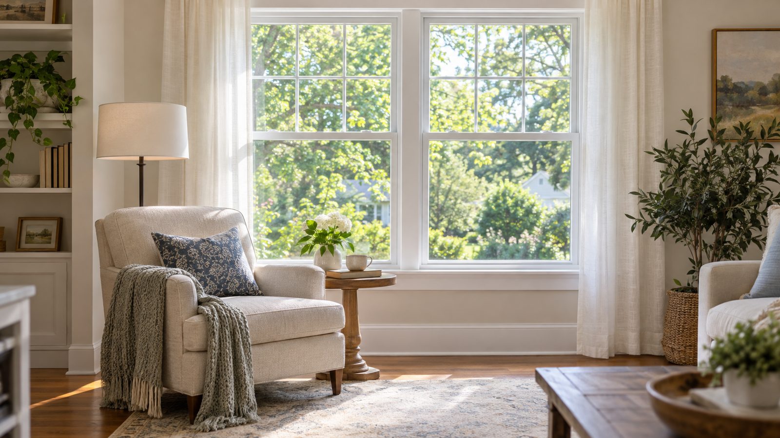 A bright living room with a large double-hung window
