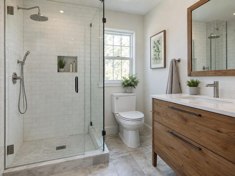 A renovated bathroom with a glass shower