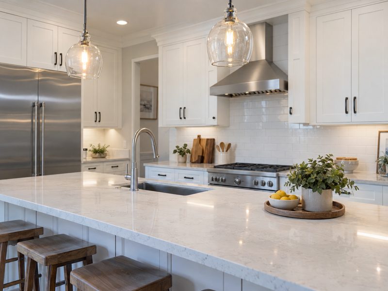 A bright kitchen with a marble island