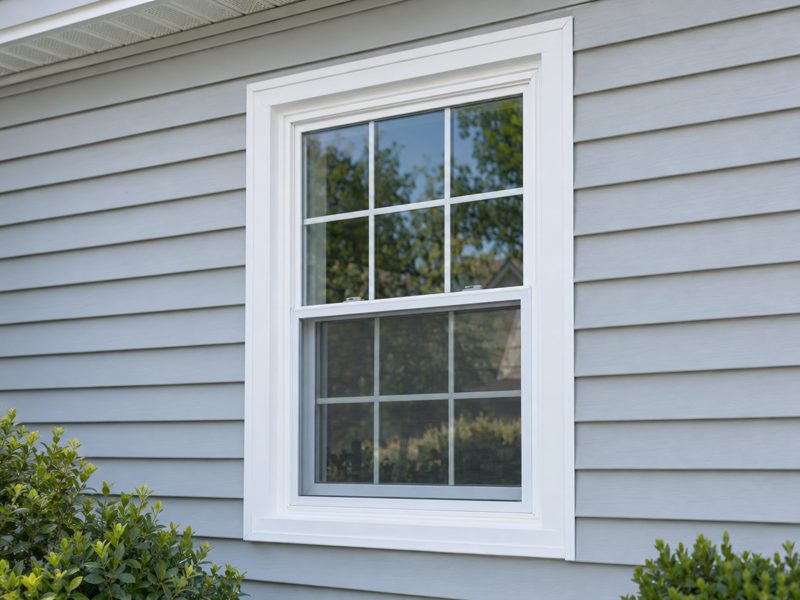 A new white double-hung window in grey siding